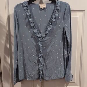 Sezane Light Blue Polka Dot Ruffle Blouse
